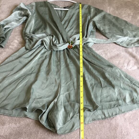 ZARA Satin Wide Sleeve Overlap Belt Detail Stretch Waist Romper in Green Sz M - Picture 7 of 8